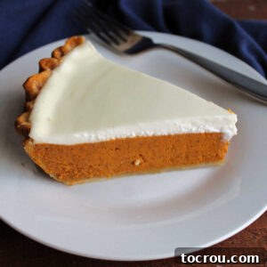A delicious slice of layered pumpkin pie with sour cream topping, perfectly ready to be enjoyed.