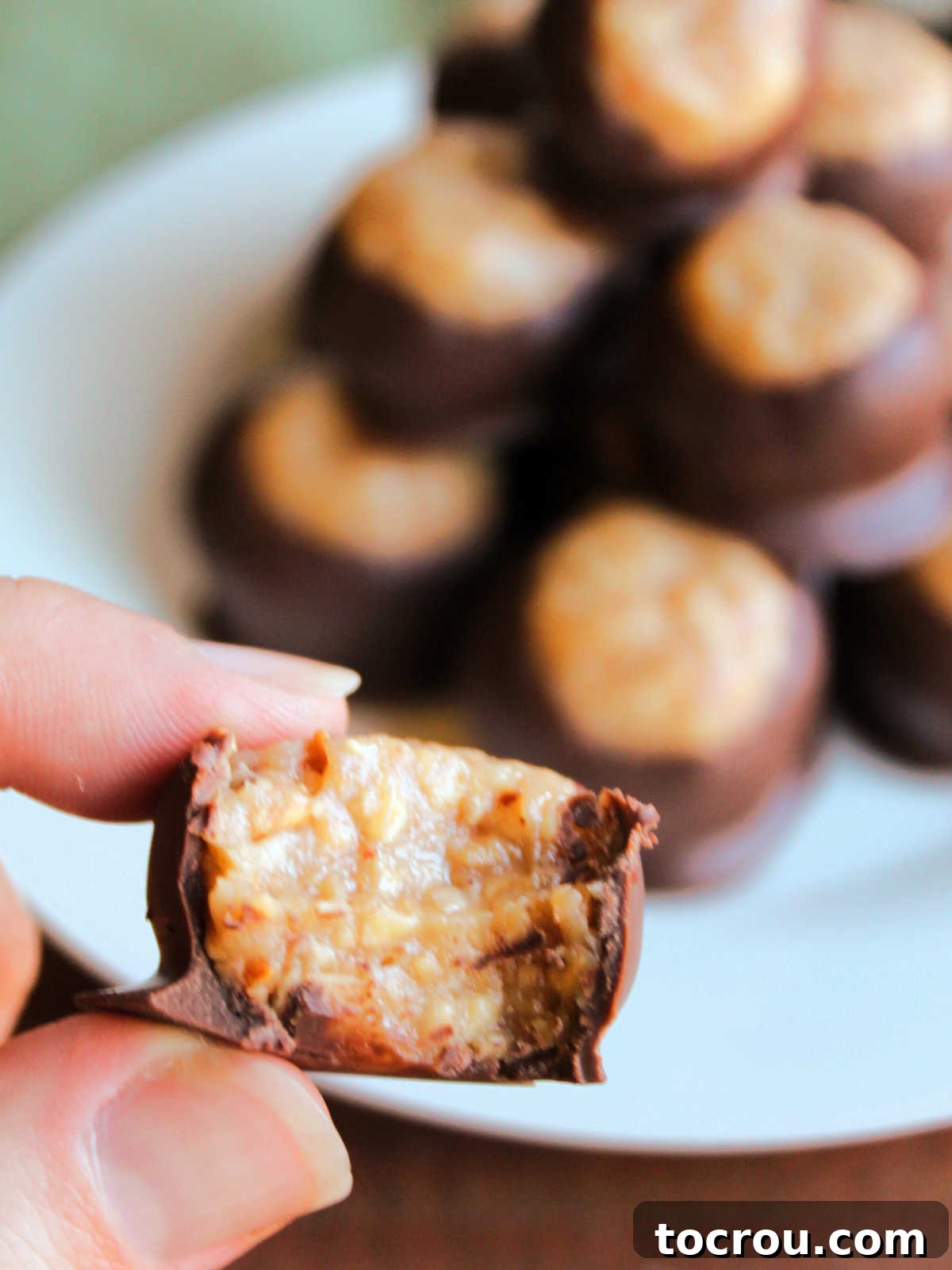 Caramel Peanut Ball with Bite Taken A hand holds a caramel peanut ball with a bite taken out, revealing the soft, textured caramel interior filled with finely chopped peanuts, covered by a smooth chocolate shell.