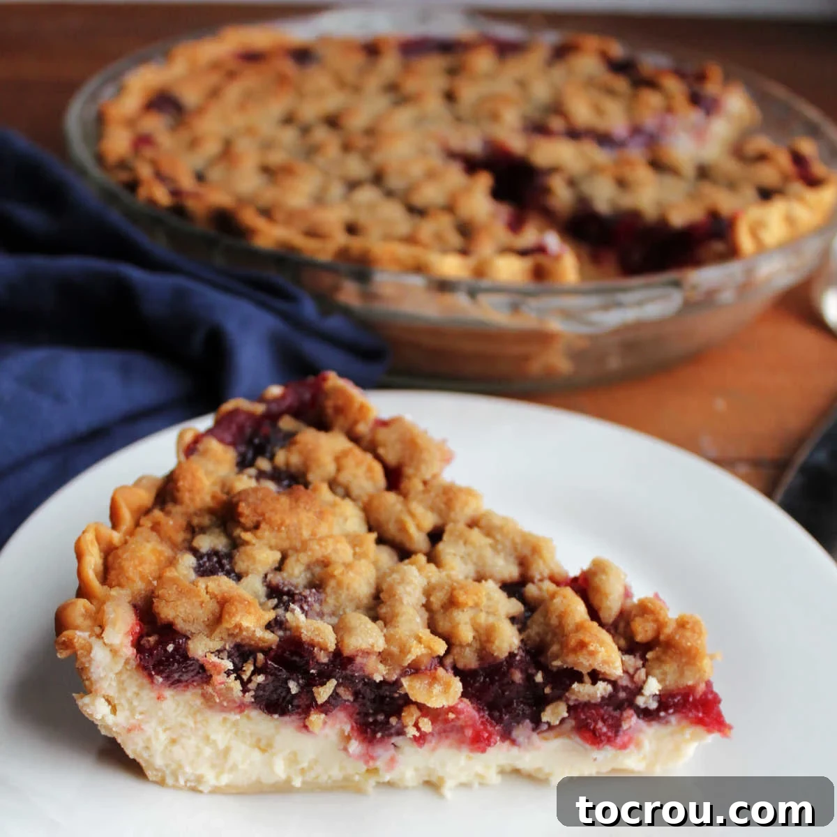 Buttery Crumb Cranberry Bliss 2 A glorious slice of cranberry crumb pie, showcasing its distinct layers: golden-brown crust, creamy white cheese, vibrant red cranberries, and a crumbly streusel topping.