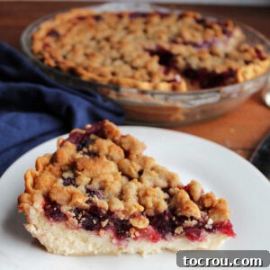 Buttery Crumb Cranberry Bliss 12 Slice of cranberry crumb pie showing crust, cream cheese layer, cranberry layer, and golden streusel topping.