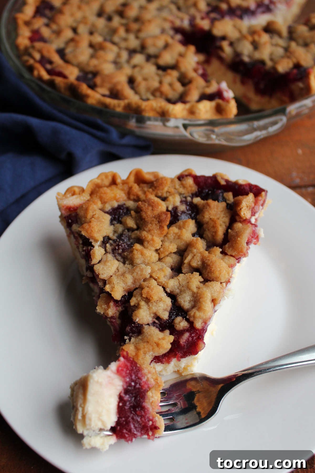 Buttery Crumb Cranberry Bliss 4 A close-up of a fork holding a bite of cranberry crumb pie, clearly showing the luscious white cream cheese and condensed milk layer beneath the tart cranberry sauce and crunchy streusel.