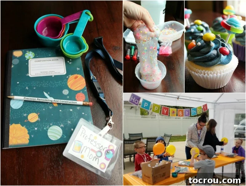 A vibrant collage of images showcasing a fun-filled DIY science birthday party for kids, featuring various experiments and happy children.