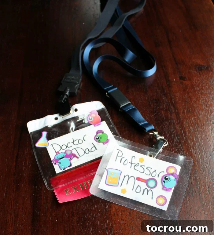 Customized name tag lanyards designed for a science birthday party, ready for young scientists.