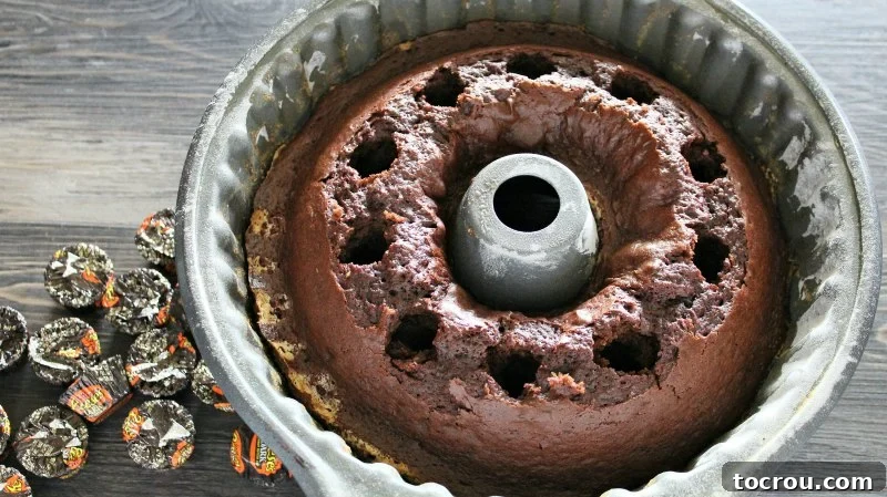 Chocolate Peanut Butter Infused Bundt Cake 3 chocolate bundt cake with holes poked into it for peanut butter filling.