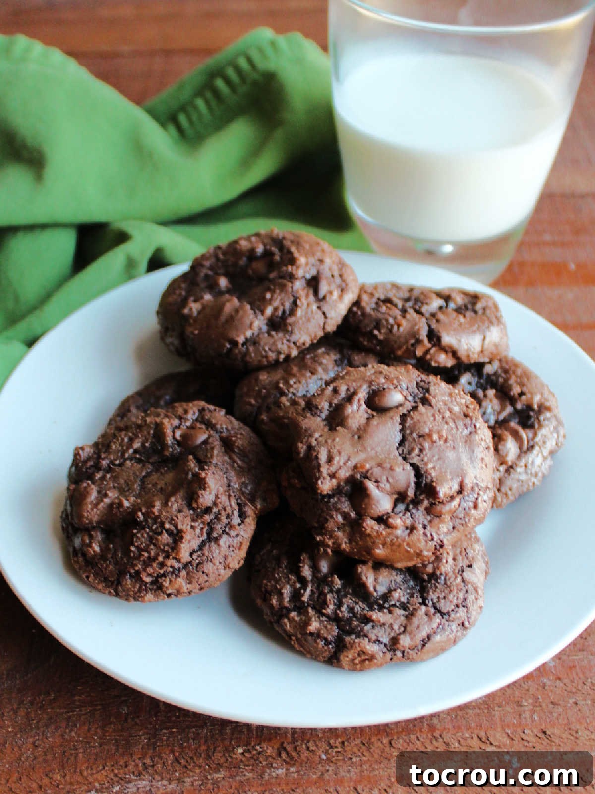 One-Bowl Brownie Cookies 12 A beautiful plate of brownie mix cookies dotted with melted chocolate chips, positioned next to a tall glass of milk, perfect for dipping.