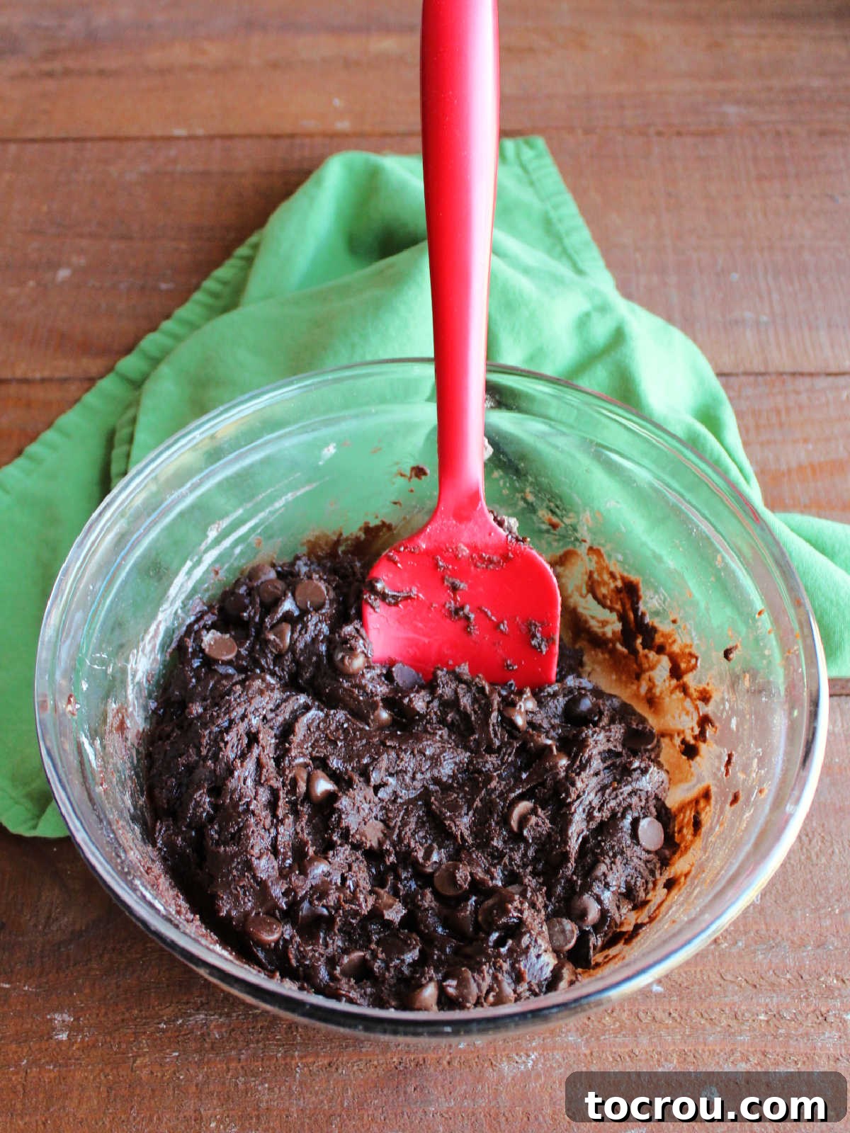 One-Bowl Brownie Cookies 6 Thick, rich brownie mix cookie dough speckled with chocolate chips, ready to be scooped onto a baking sheet.