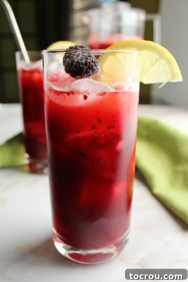 Glass of deep purple blackberry lemonade with a slice of lemon on the rim, ready to drink, vibrant and inviting.