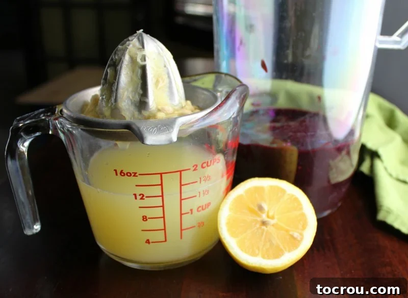Measuring cup with citrus reamer, fresh squeezed lemon juice and half a lemon with blackberry puree in pitcher nearby, showing preparation steps.