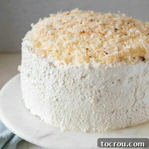 Haleakala cake with fluffy white frosting and toasted coconut.
