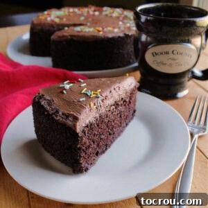 Chocolate Velvet Indulgence 6 slice of chocolate cake with remaining cake and coffee cup in the background.
