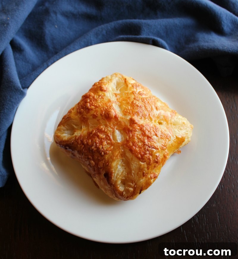 golden brown ham egg and cheese hand pie on plate.
