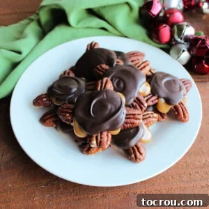 Plate of homemade turtles with pecans, soft homemade caramel, and dark chocolate.
