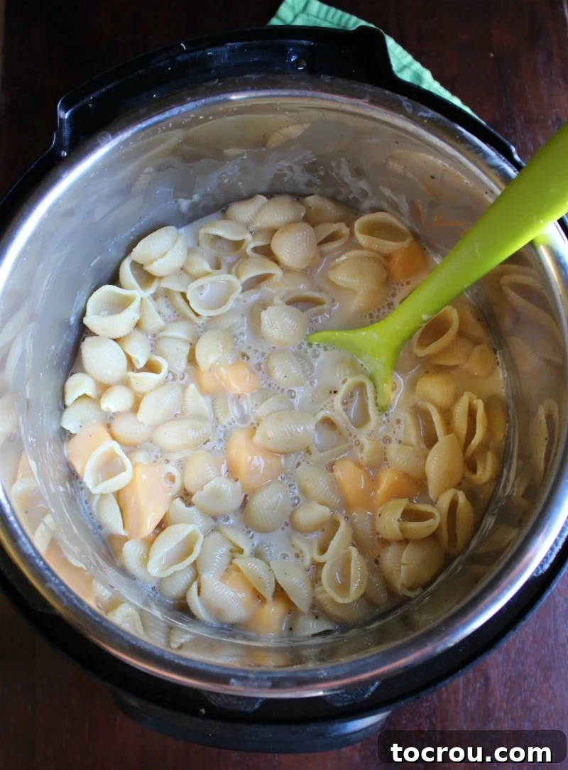 cooked pasta with cheese and milk in instant pot.