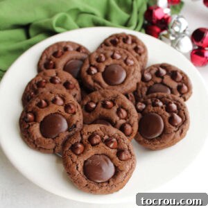 Plate with chocolate paw print cookies featuring rich chocolate cookie base topped with chocolate chips and chocolate candy to look like a paw print.