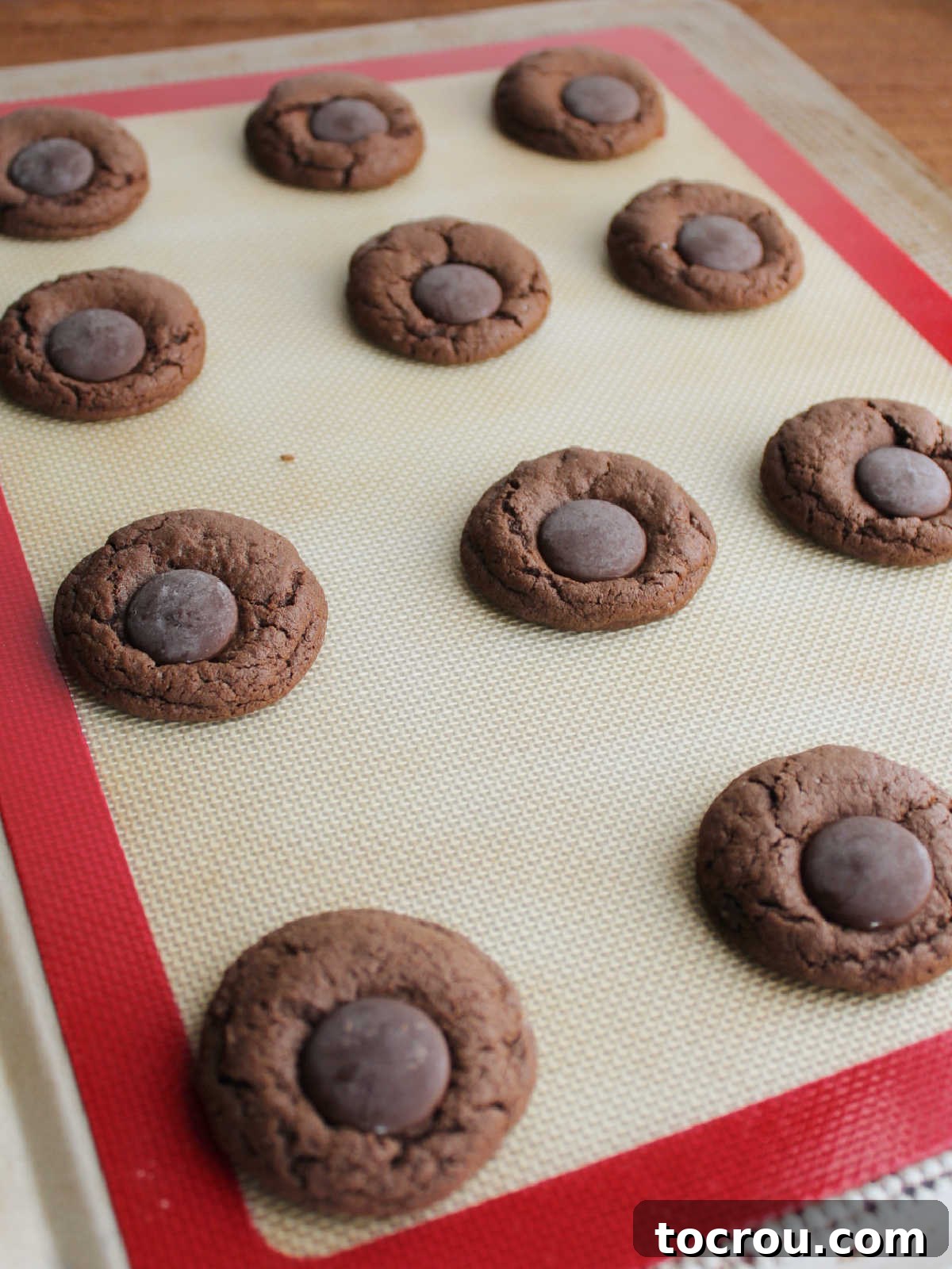 Fudgy Paw Print Double Chocolate Cookies 7 Ghirardelli dark chocolate melting wafer pressed into hot chocolate cookies for the pad of the paw.