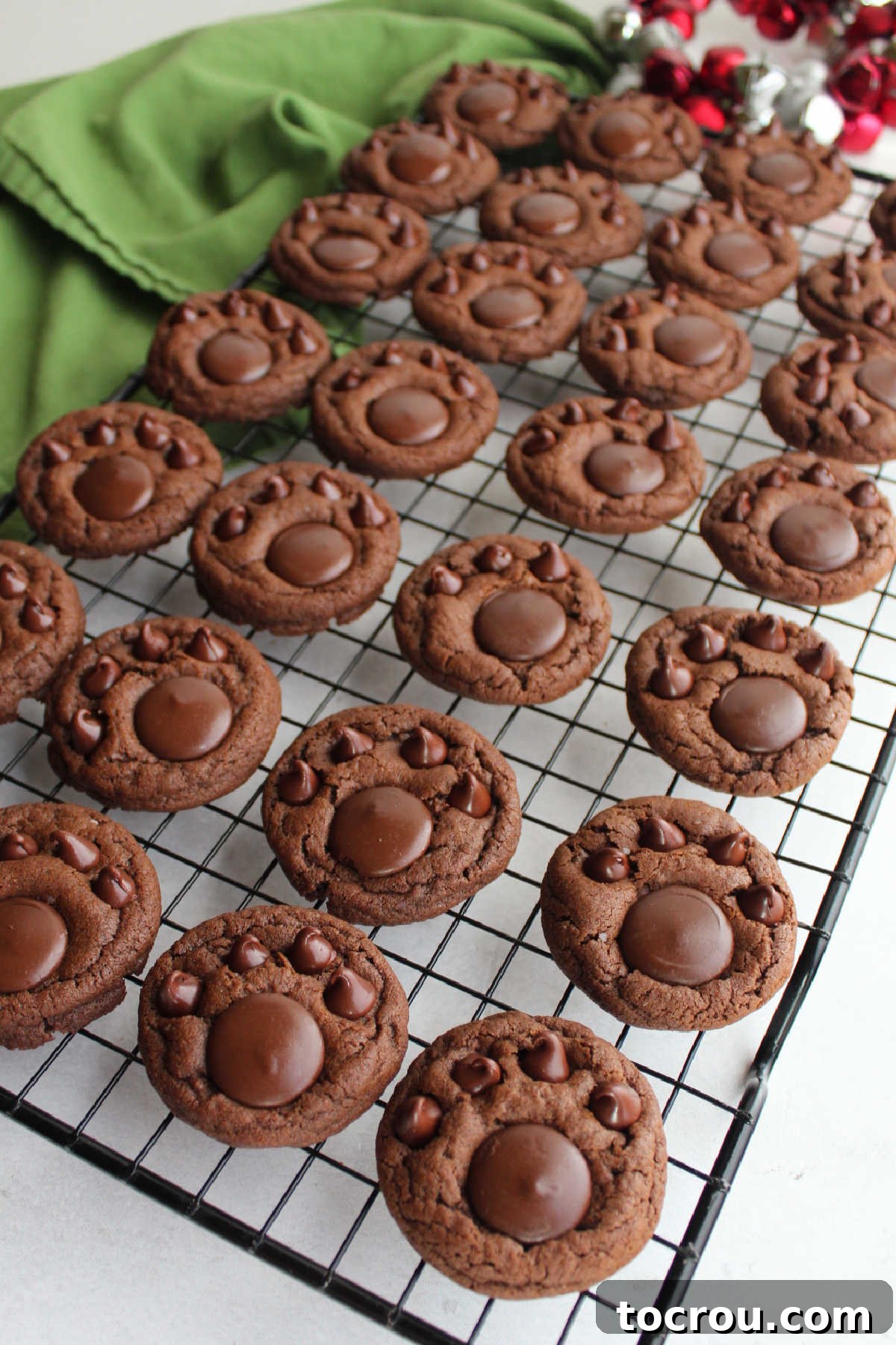 Fudgy Paw Print Double Chocolate Cookies 9 Chocolate paw print cookies on wire cooling rack.