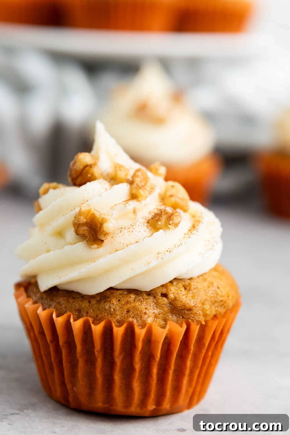 Rustic Carrot Cake Cupcakes 11 Carrot cake cupcake topped with a swirl of piped buttercream and some chopped nuts.
