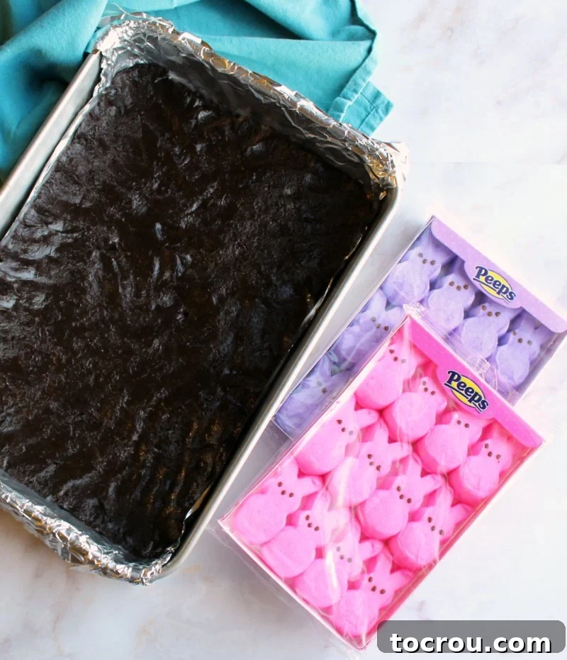 Chocolate batter and Peeps bunnies awaiting their turn. Chocolate batter spread evenly over the graham cracker base in a pan, next to packages of Peeps bunnies.