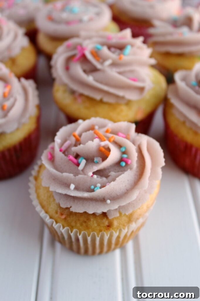 Cupcakes with Cookie Dough Frosting and Sprinkles cupcakes decorated with sugar cookie dough frosting and cute sprinkles.