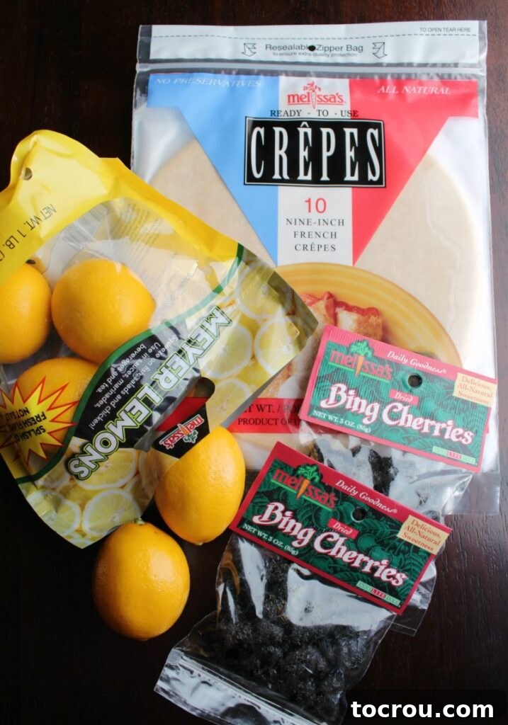 Melissa's premade crepes, meyer lemons and dried bing cherries.