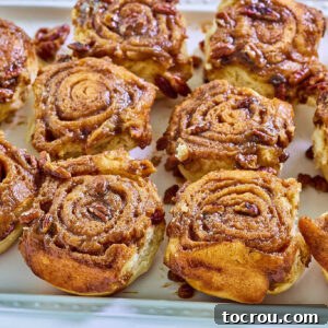 Tray of caramel pecan rolls showing the cinnamon filling spiral, soft dough, gooey caramel, and chopped pecans, ready to eat.