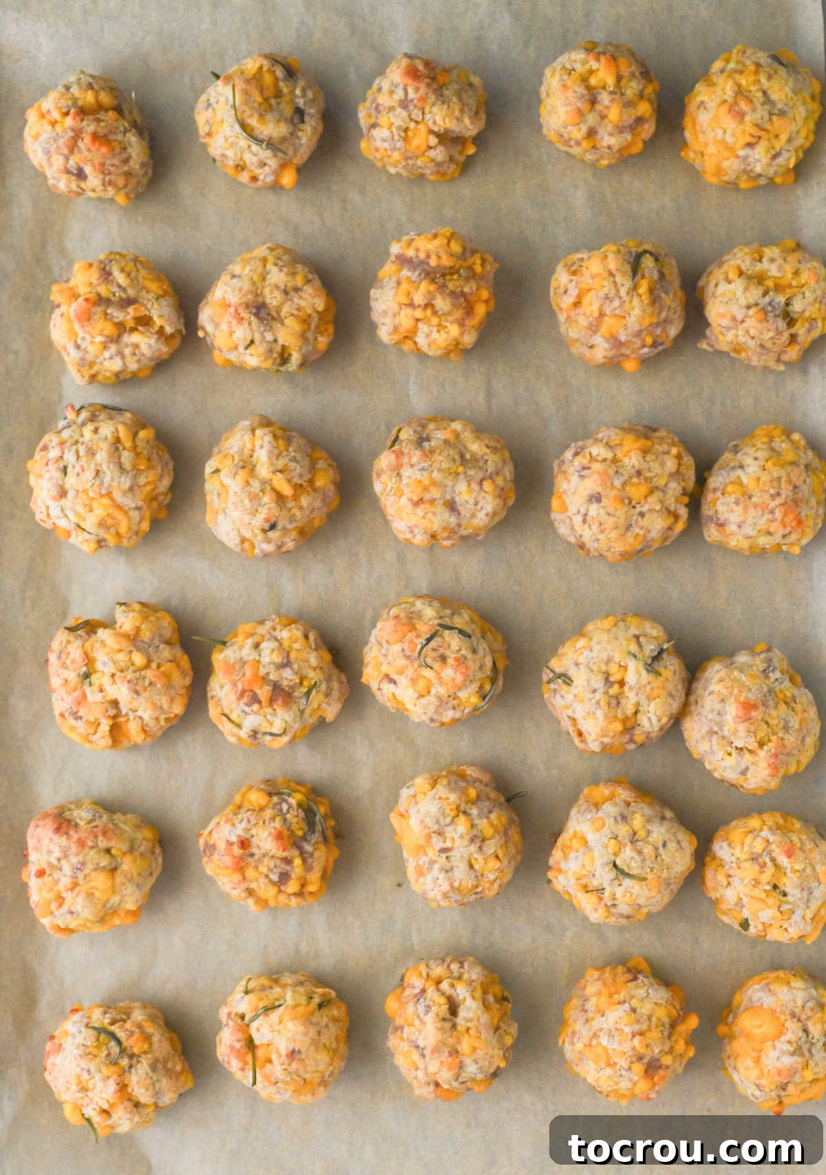 Sausage Cheese Bites 9 Tray of meatballs made from breakfast sausage, cheese, and pancake mix fresh from the oven.