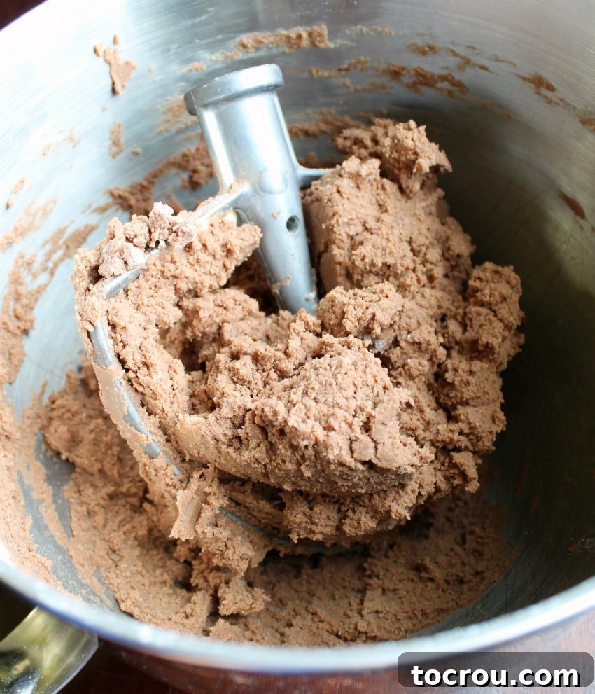 Mixer bowl filled with rich chocolate spritz cookie dough, ready to be pressed, showcasing the smooth, velvety texture.