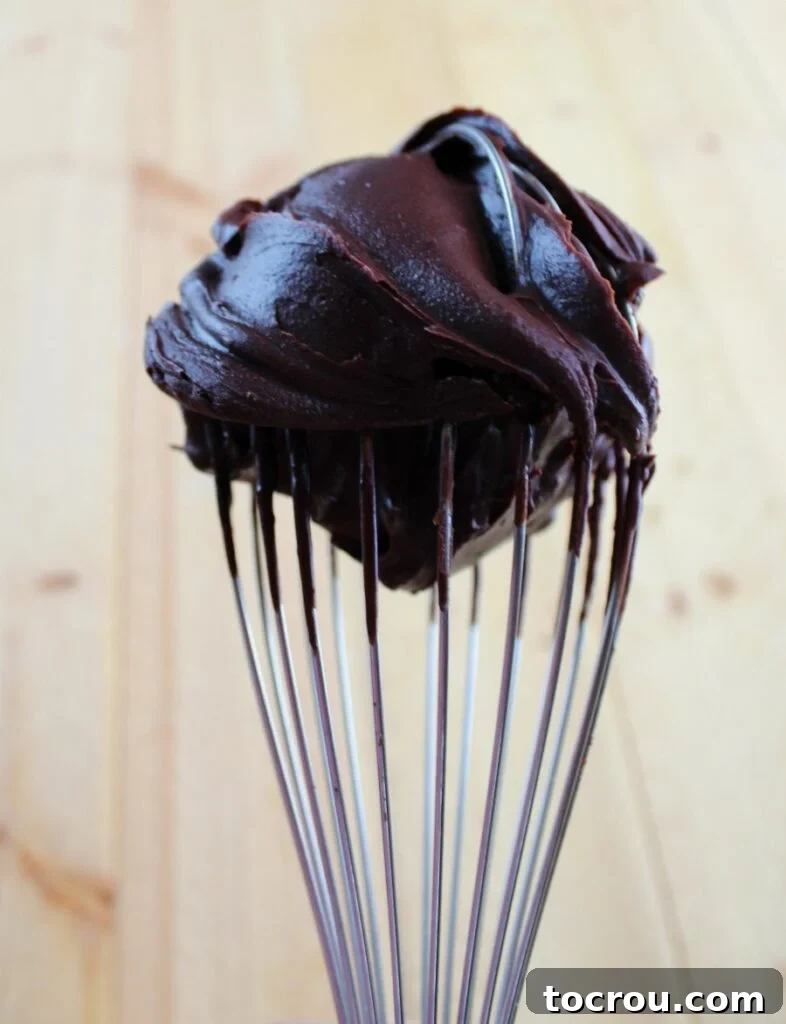 A close-up of a whisk coated in luscious, dark chocolate ganache-style frosting, highlighting its glossy, thick texture.