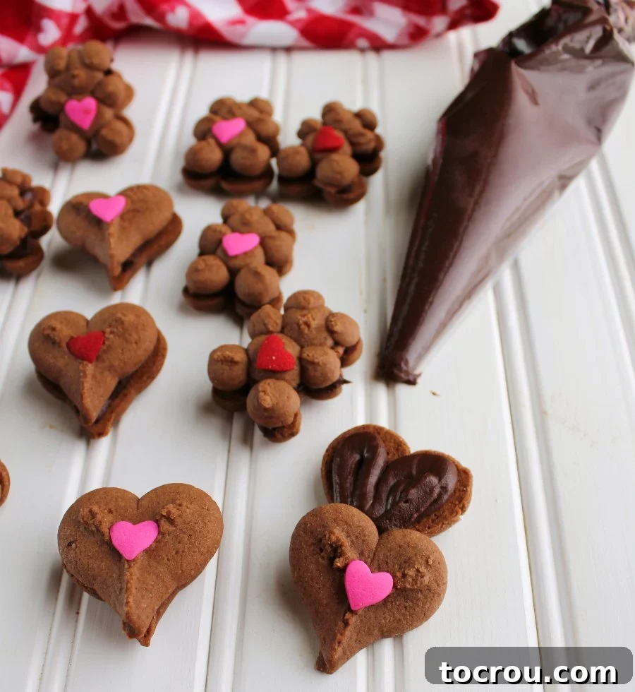 A piping bag meticulously filling delicate chocolate teddy bear and heart cookies with rich, dark chocolate ganache frosting.