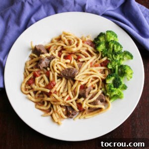 A comforting plate of egg noodles cooked in a savory beef and tomato mixture, served alongside fresh broccoli.