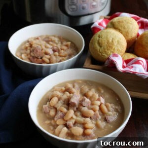 bowls of ham and beans with corn muffins and instant pot.