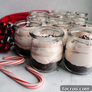 Jars of peppermint no bake cheesecake with chocolate crust and candy cane filling ready to eat.