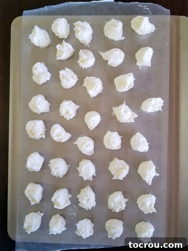 Cheesecake Filling Ready to Freeze Scooped balls of creamy orange cheesecake filling placed on wax paper, ready for the freezer to firm up.