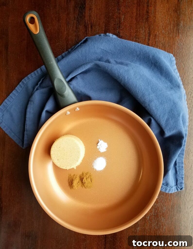 skillet with brown sugar, cinnamon etc in it.