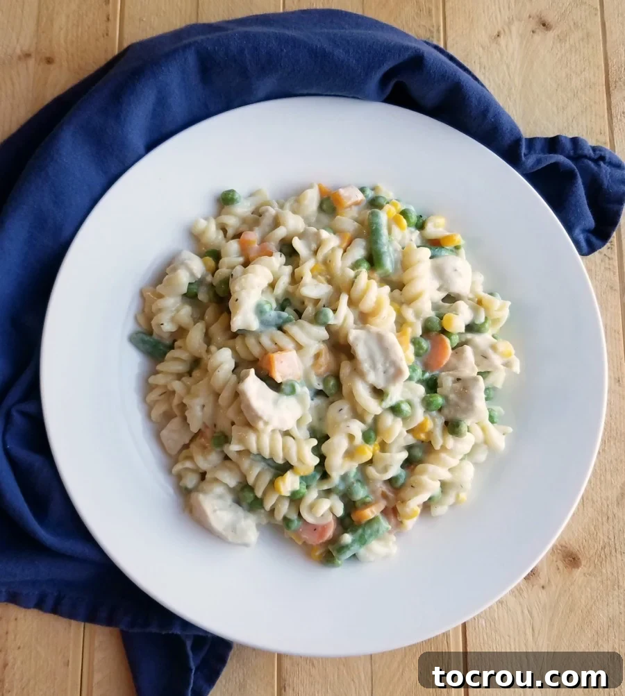 One-Pot Creamy Chicken and Noodles: The Ultimate Weeknight Dinner A comforting bowl of creamy chicken and noodles with mixed vegetables, ready to be enjoyed.