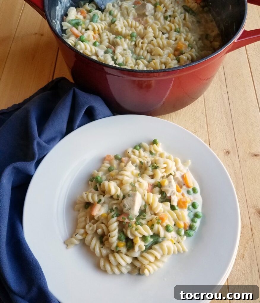 Serving a comforting One-Pot Chicken and Noodle dish A portion of one-pot chicken and noodles served, with the Dutch oven in the background.