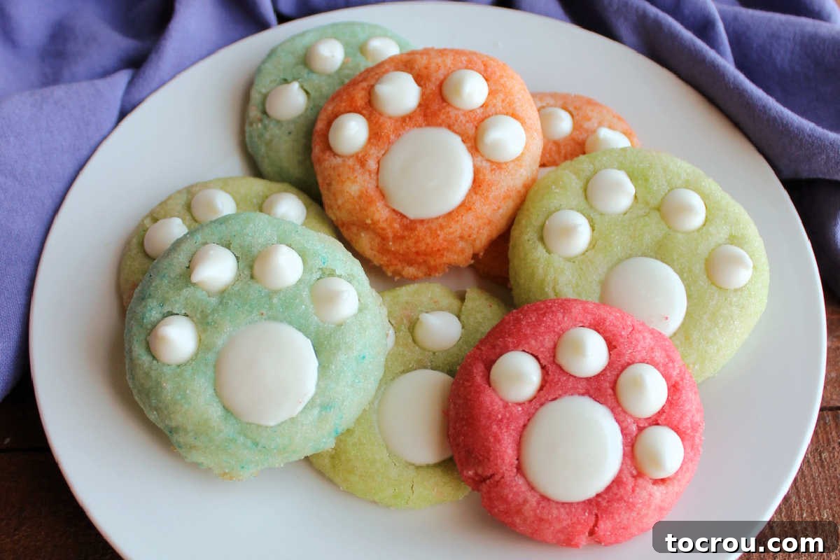 A plate featuring a colorful assortment of orange, strawberry, lime, and blue raspberry fruity paw print cookies, each adorned with sweet white chocolate paw print decorations.