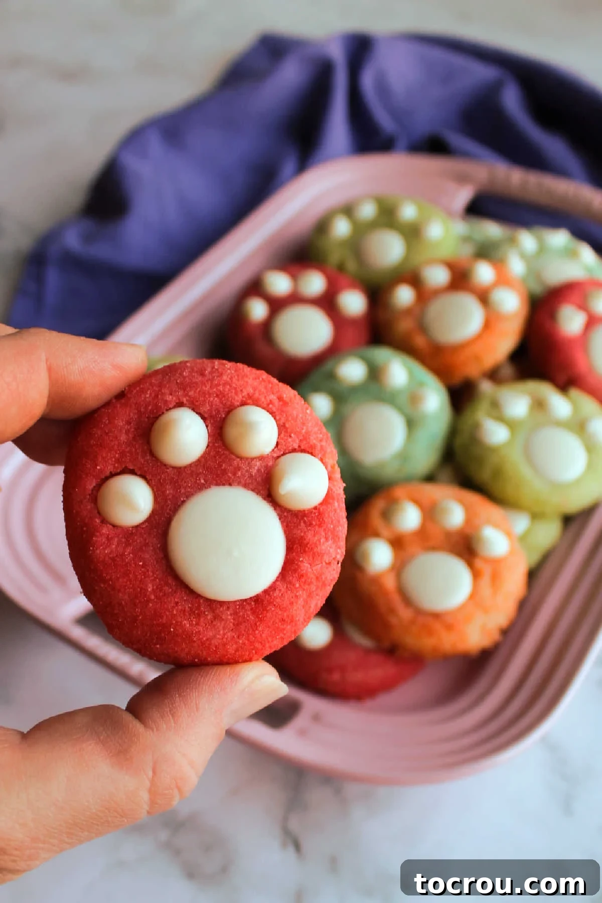 A hand gracefully holds a strawberry-flavored paw print cookie, with a vibrant background of other orange, green, and blue paw print cookies ready to be enjoyed.
