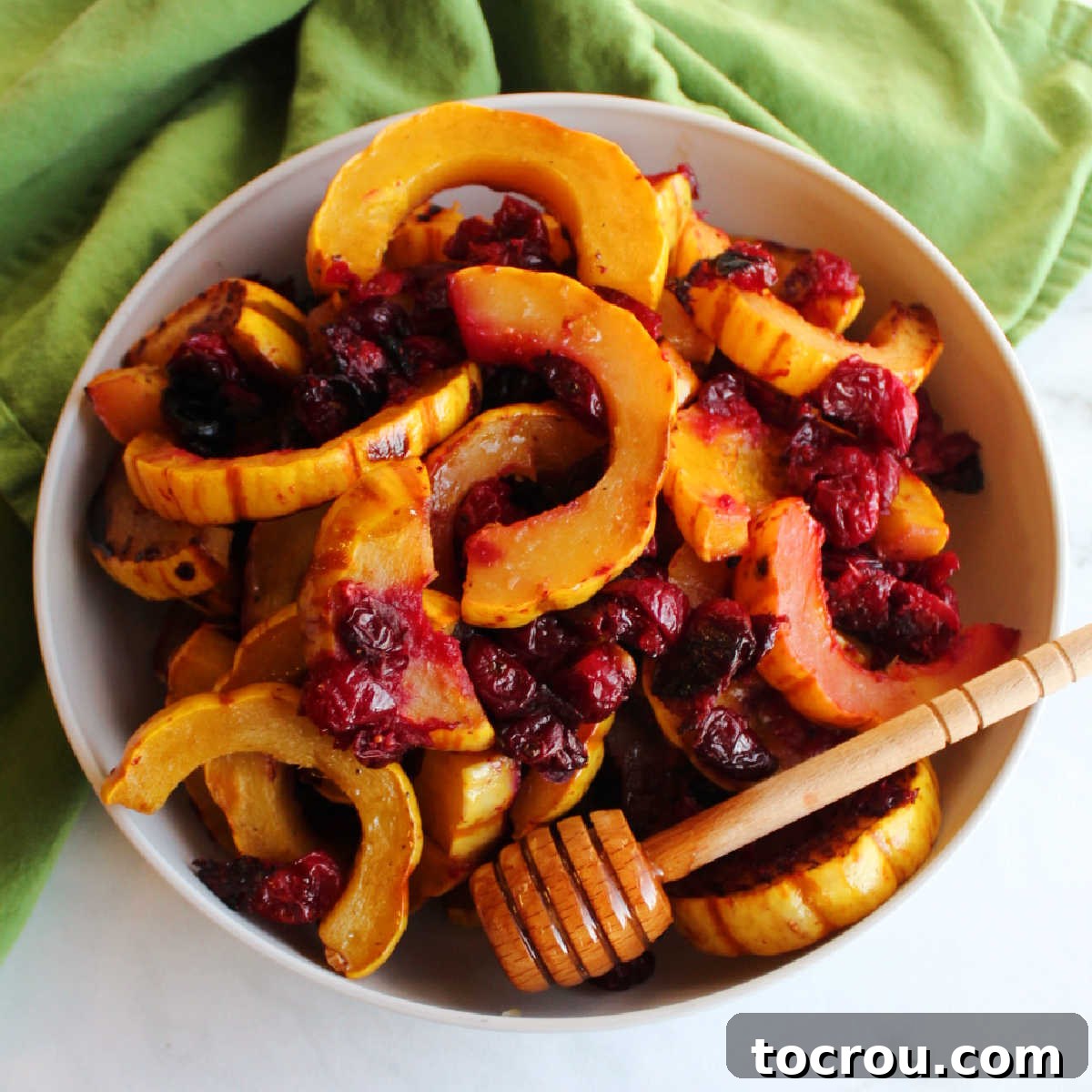Bowl of honey roasted delicata squash and cranberries ready to eat.