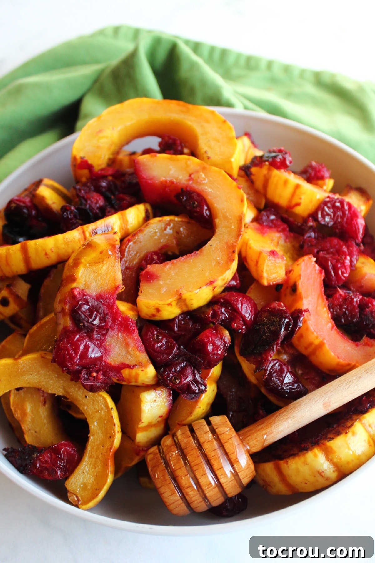 Serving bowl filled with roasted delicata squash and cranberries with honey and cinnamon, garnished with orange zest.