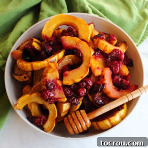 Bowl of honey roasted delicata squash and cranberries ready to eat.