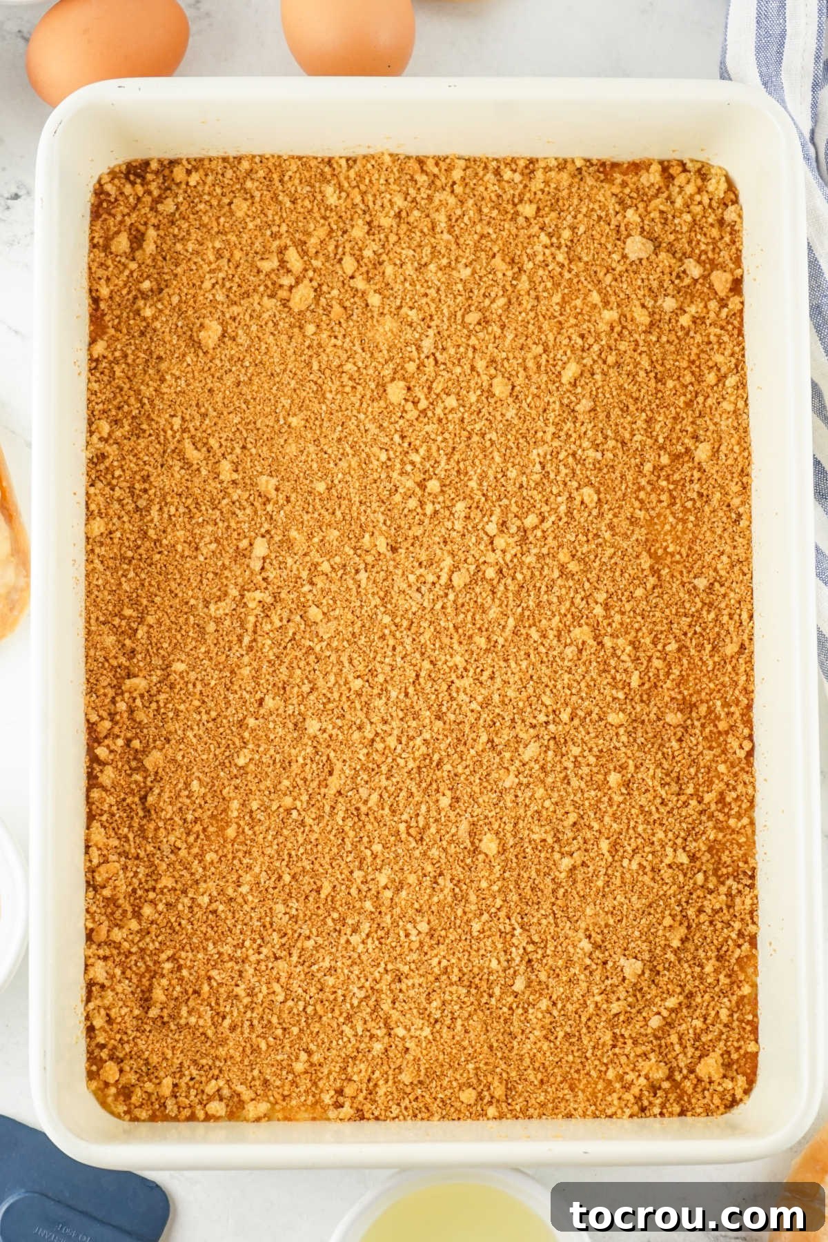 Cinnamon and brown sugar mixture evenly sprinkled over the first layer of cake mix batter in a baking pan, ready for the second layer of cake batter.
