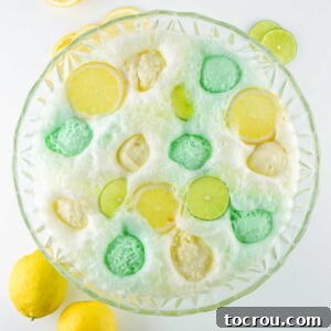 Looking down on punch bowl with lemon lime punch showing yellow and green scoops of sherbet floating on top with slices of fresh lemons and limes.