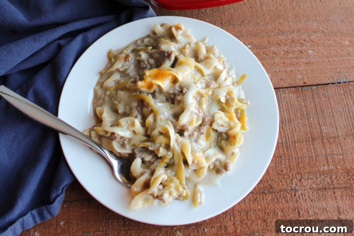 Plate with pasta, ground beef, and green beans in creamy sauce, ready to eat.
