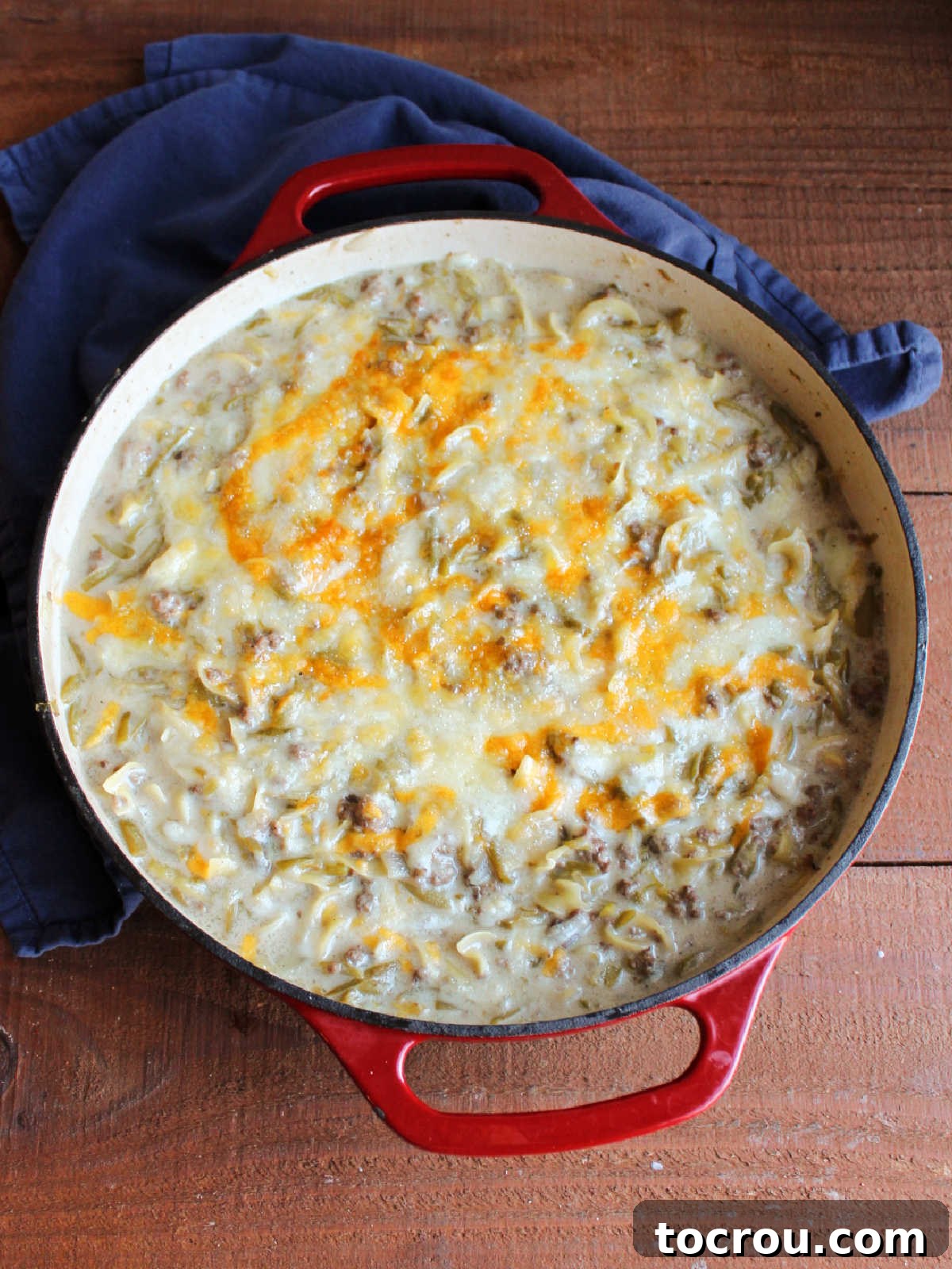 The pan after the cheese has been melted, with the hot dish now ready to serve.