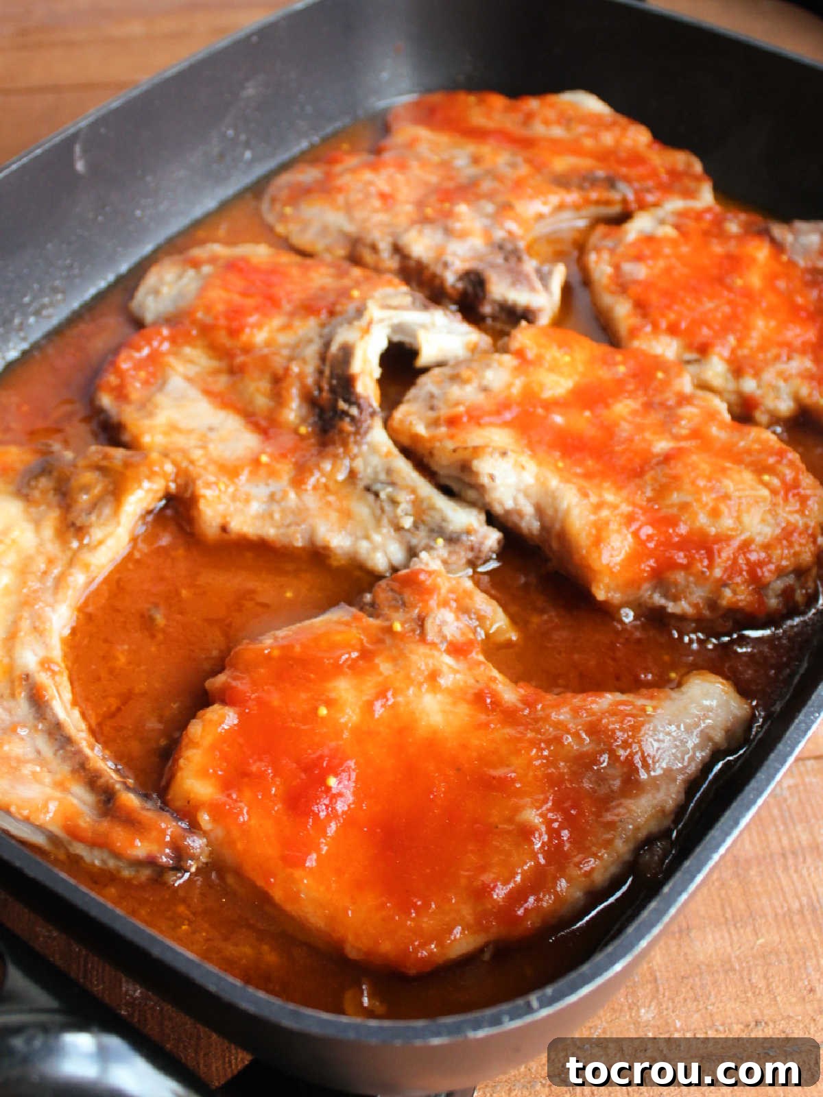 Pork chops after they have simmered in the sweet and sour sauce, ready to be served. 