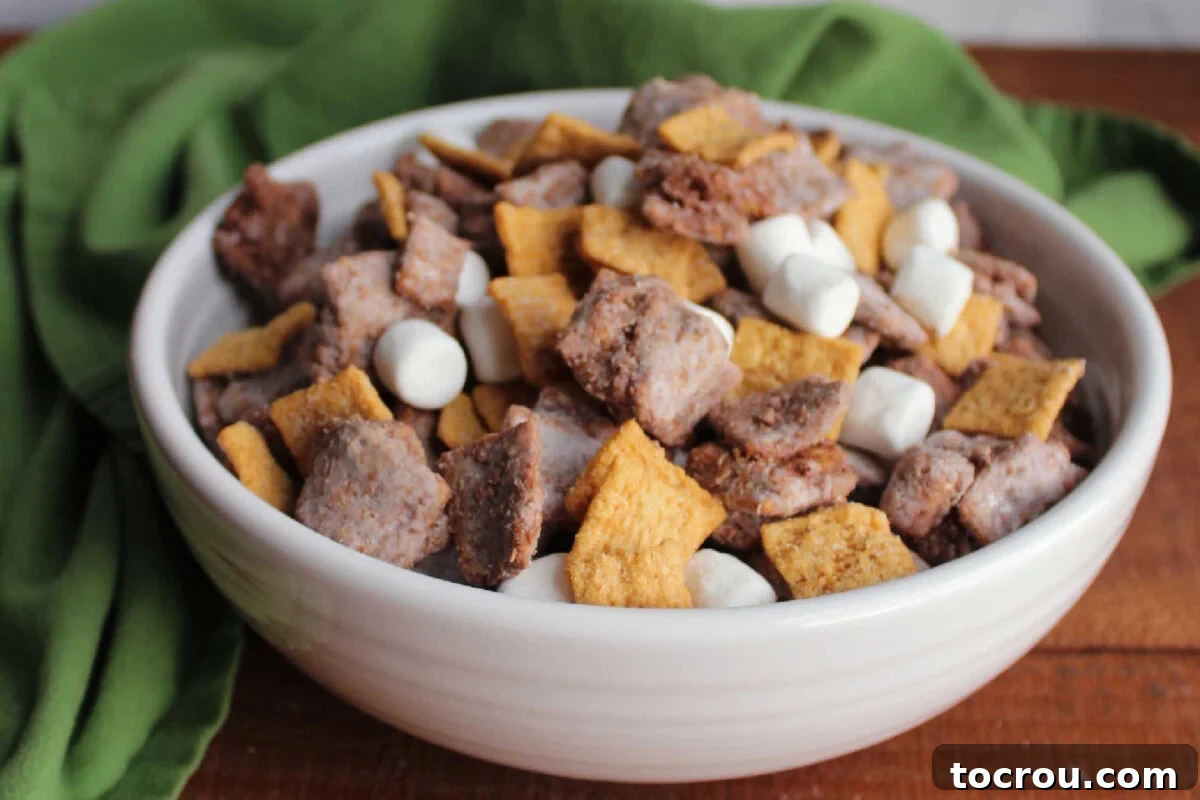 Big bowl of s'mores muddy buddies with graham cereal, mini marshmallows, chocolate and powdered sugar, ready to eat.