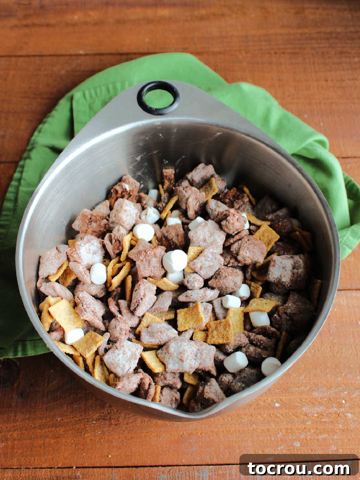 Large mixing bowl filled with s'mores puppy chow.