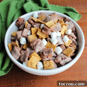 White serving bowl filled with s'mores puppy chow featuring golden graham cereal, most of which is coated in chocolate, peanut butter, and powdered sugar, and some plain, with mini marshmallows in a bowl ready to eat.