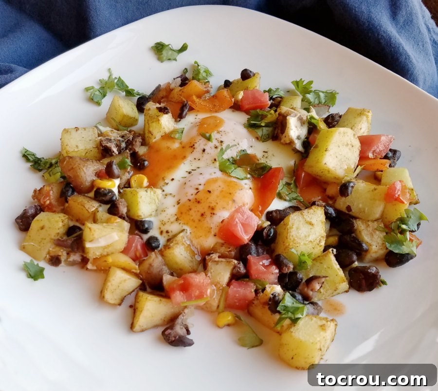 This Tex-Mex style sheet pan meal is so versatile, adaptable and delicious. It is a nutritious way to start your day and it's great for dinner as well. Small cubes of roasted veggies and egg served with hot sauce and cilantro.